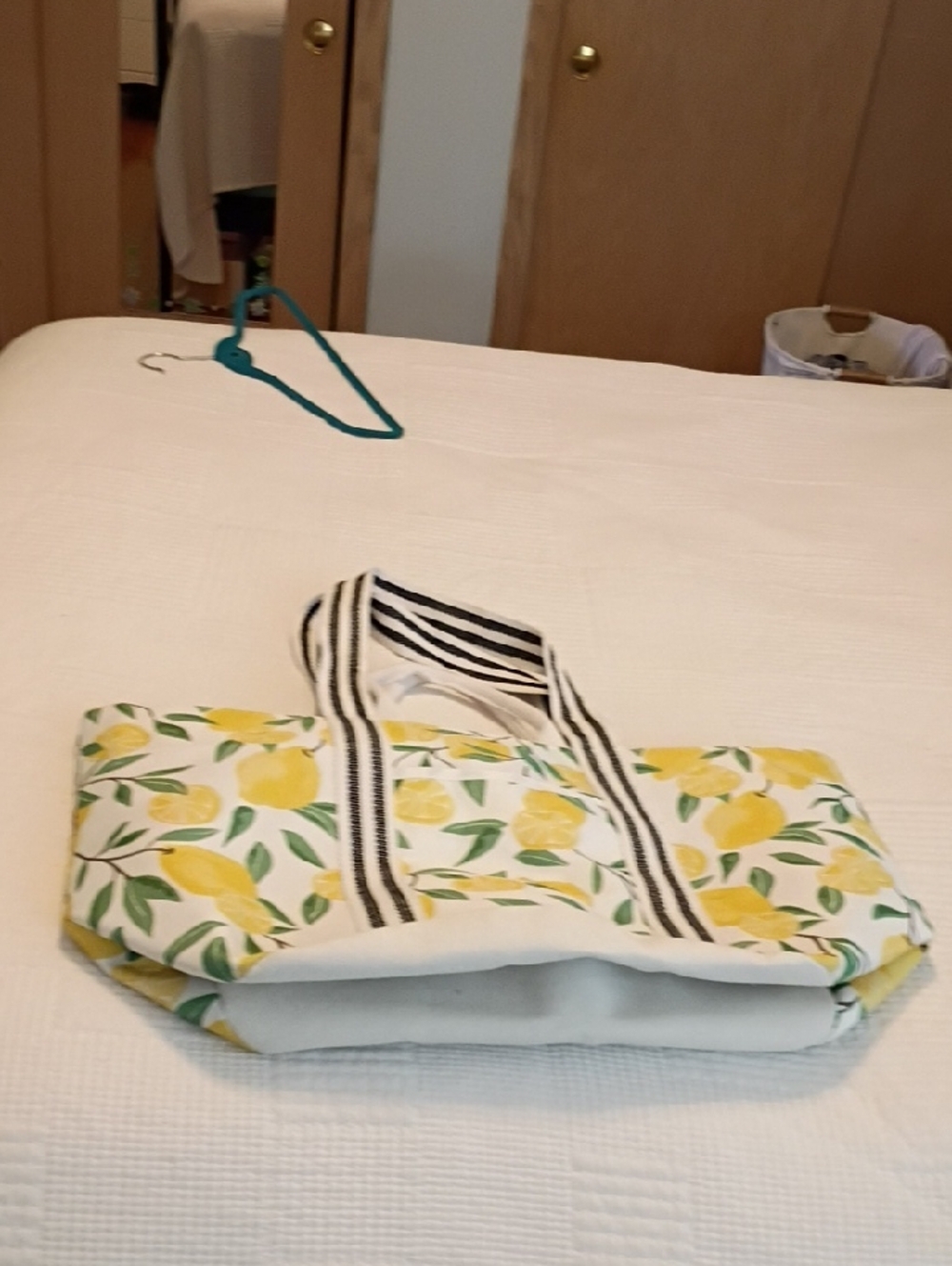 Lemon-Print Canvas Tote with Striped Handles - Yellow